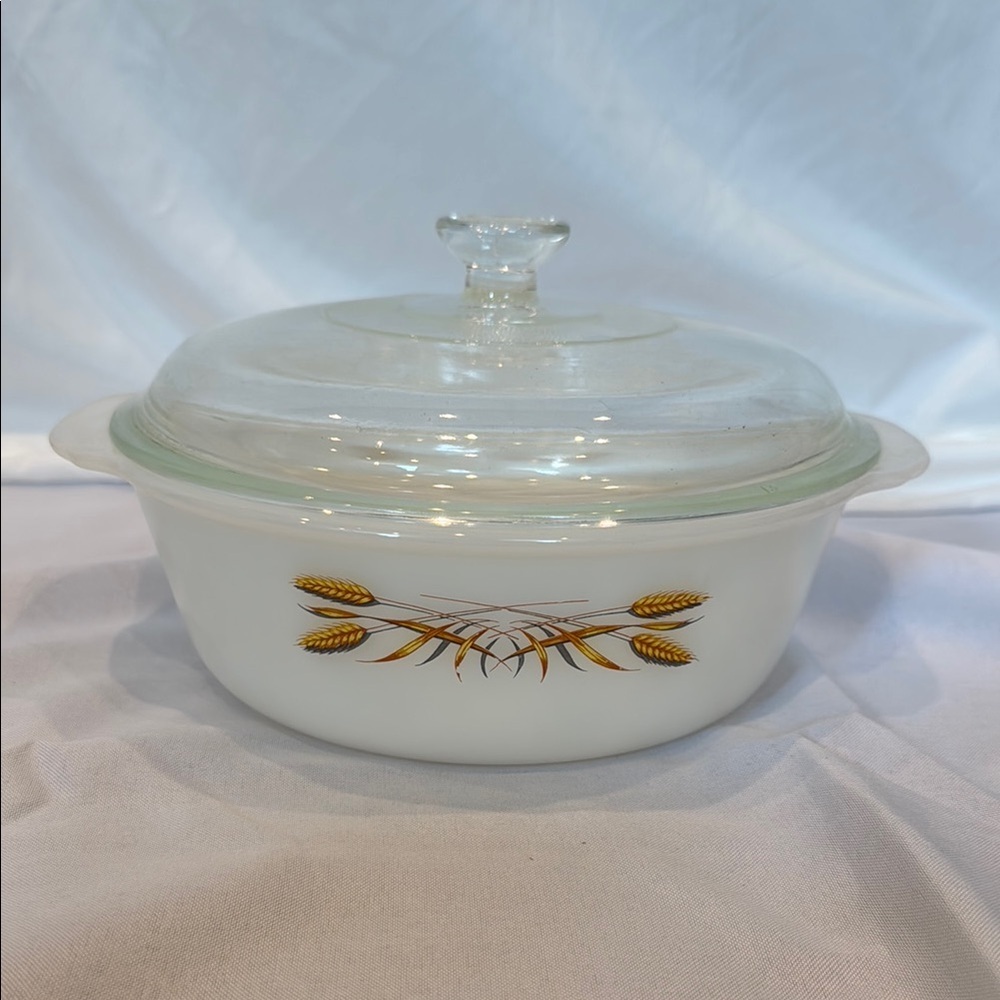 Vintage 1960s Fire King by Anchor Hocking Casserole Dish with Lid, Wheat Design